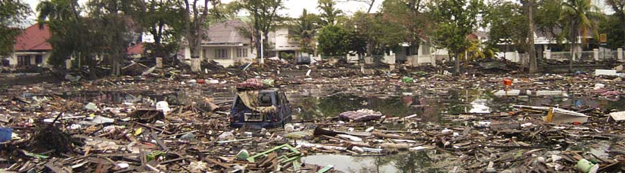 Scene of flooded devastation in Sumatra, Indonesia, after the 2004 tsunami