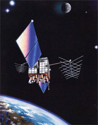 Artist's rendering of a Block IIR-M satellite over the Earth