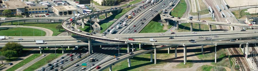 Aerial view of a highway overpass and congested traffic