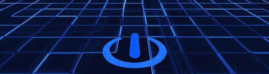 Blue power button icon over a stylized grid