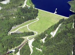 Aerial view of reservoir dam