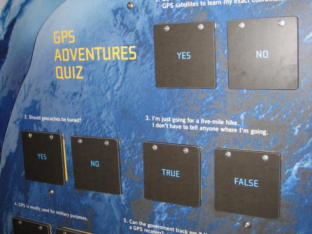 Wall labeled GPS Adventures Quiz with questions and yes/no and true/false answers.