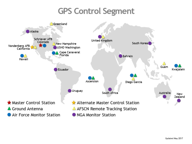 A world map showing various GPS control stations and antennas