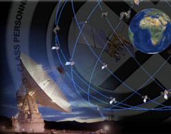 Montage of satellite dish, GPS constellation around Earth, and a GPS satellite